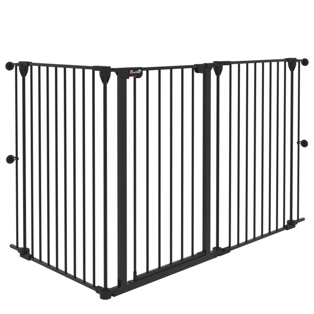 PawHut 3-Panel Medium Dog Gate με διπλό σύστημα κλειδώματος, 206x90cm, Μαύρο