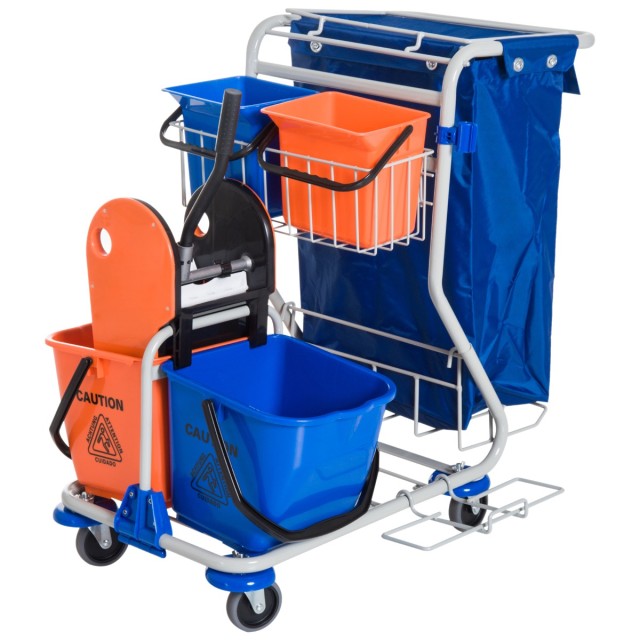 Homcom Professional Cleaning Cart with 4 Buckets 18L / 6L Blue and Orange