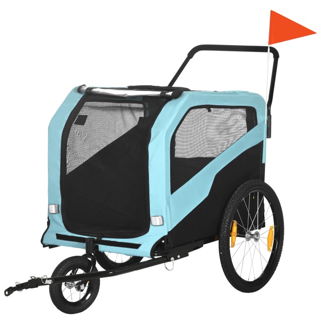 PawHut Bike Trailer για σκύλους 30kg max με 2 εισόδους και τσέπες αποθήκευσης, σε ατσάλι και ύφασμα Oxford, μπλε