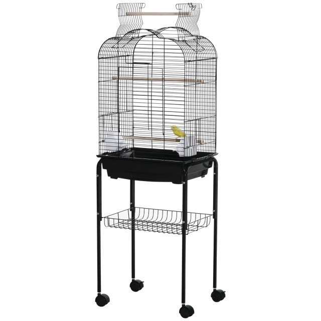 PawHut Bird Cage με 3 κούρνιες, 2 μπολ και 2 πλαϊνές πόρτες, σε ατσάλι, PP και ξύλο, 46x36x130 cm, Μαύρο D10-077