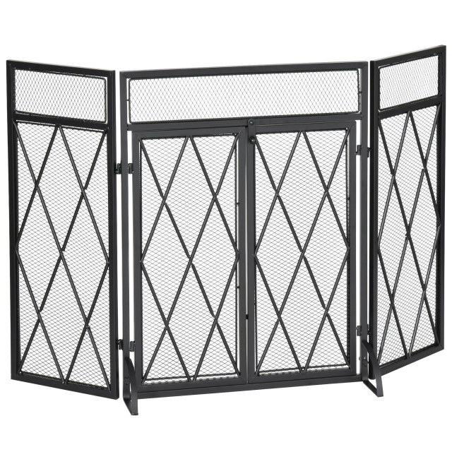 HOMCOM Metal Fire Screen με 3 Πτυσσόμενα Πάνελ και 2 Πόρτες, 120x11,5x79cm - Μαύρο