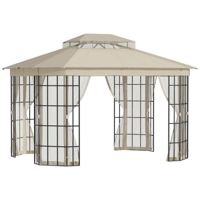 Outsunny Garden Gazebo με κουνουπιέρα και στέγη από πολυεστέρα 2 επιπέδων, μεταλλικό πλαίσιο, 3,65x3m, μπεζ