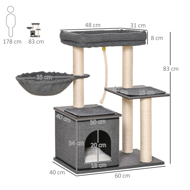 PawHut Cat Scratching Post Tree με κρεβάτι, αιώρα, σπιτάκι και στύλους Sisal, 60x40x83cm, Γκρι D30-447