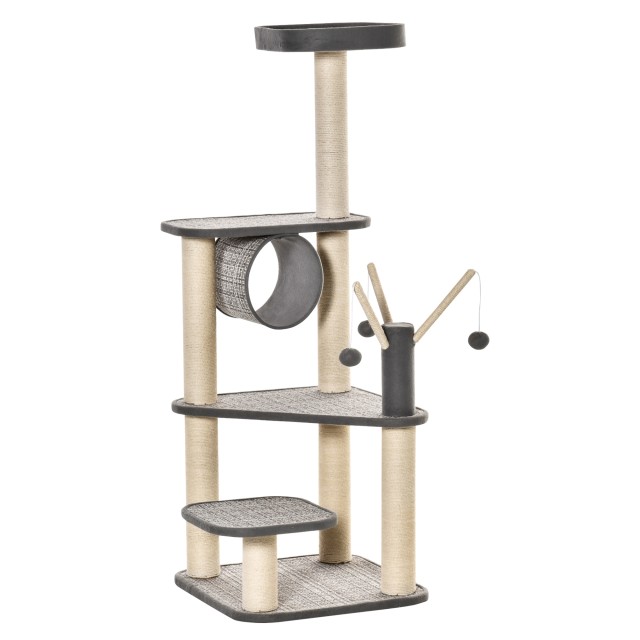 PawHut Scratching Post Tree for Adult Cats and Kittens 130cm Tunnel Cat and Sisal Poles - Grey D30-425