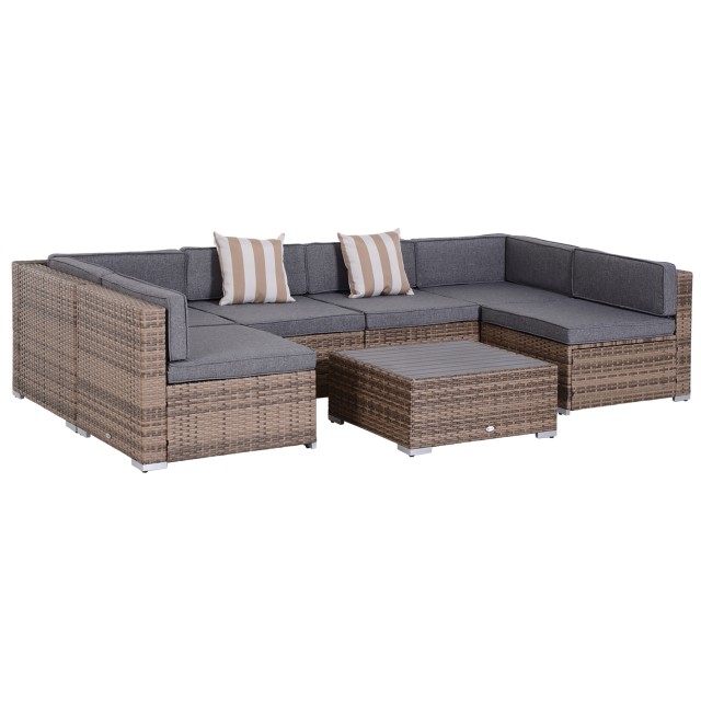 Outsunny 7 τεμαχίων Rattan Garden Lounge με τραπεζάκι σαλονιού και αρθρωτό καναπέ με μαξιλάρια, γκρι 860-020V03