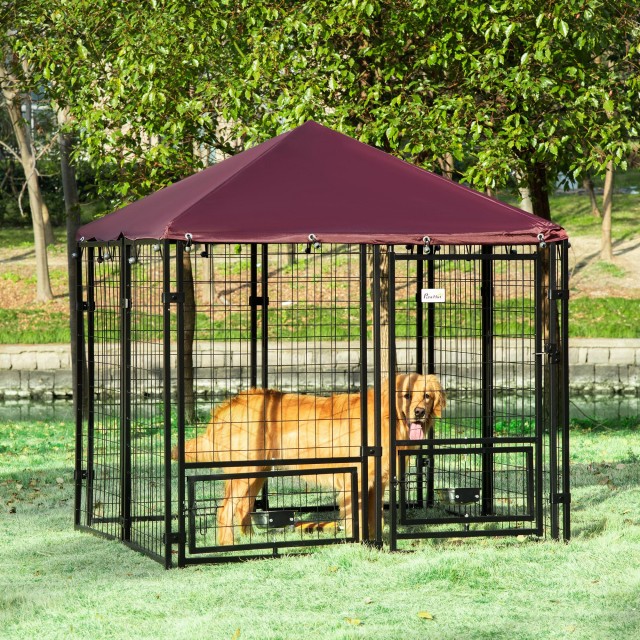 PawHut Outdoor Dog Run με κλειδαριά, 2 περιστρεφόμενα μπολ και αφαιρούμενο κάλυμμα, μαύρο και κόκκινο