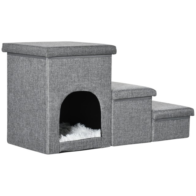 PawHut 3-Step Dog and Cat Ladder 10kg Max with Dog House and Αποθηκευτικός χώρος, 73,5x33x40,5 cm, Γκρι