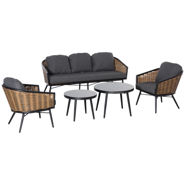 Σετ Έπιπλα Κήπου Outsunny 5 τεμαχίων Rattan, Lounge εξωτερικού χώρου με 2 τραπεζάκια σαλονιού, καναπέ 3 θέσεων και 2 πολυθρόνες με μαξιλάρια 860-235