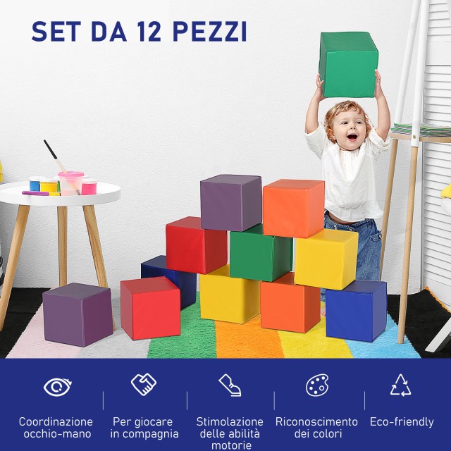 HOMCOM Σετ 12 Soft Cubes Εκπαιδευτικό Παιχνίδι για παιδιά 2 ετών και άνω, 20x20x20cm, Πολύχρωμο 3D0-003