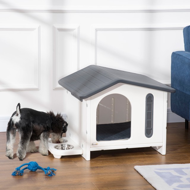 PawHut Raised Dog House με δίσκο για 2 μπολ, παράθυρα και αφρώδες μαξιλάρι, 70x64x56cm, γκρι και λευκό