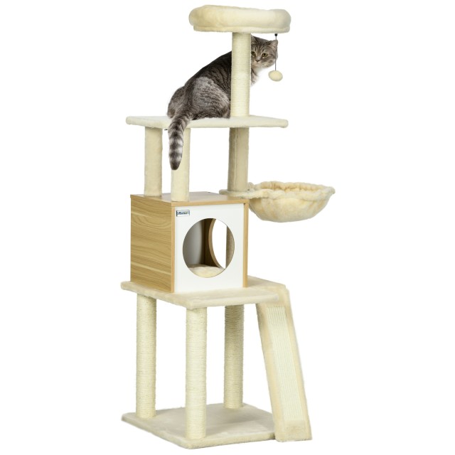 PawHut Cat Tree with House, Scratching Post for Cats, Perch and Stake, 48,5x48,5x141,5 cm, Beige D30-738V00BG