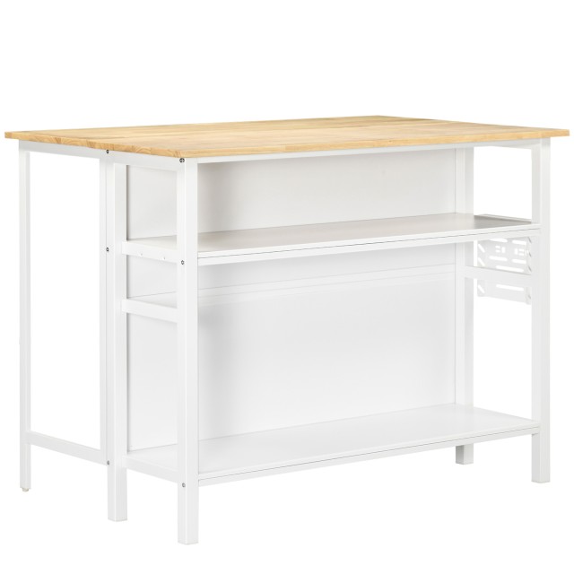 HOMCOM Kitchen Island με πτυσσόμενο πάγκο και 2 ράφια από ξύλο και ατσάλι, 120x76x91,5 cm, Λευκό 801-271V00AK