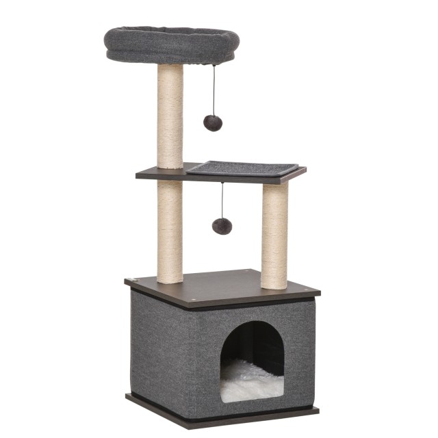 PawHut Cat Scratching Post Tree with House, Bed and Sisal Posts, 40x40x104cm, Γκρι D30-443