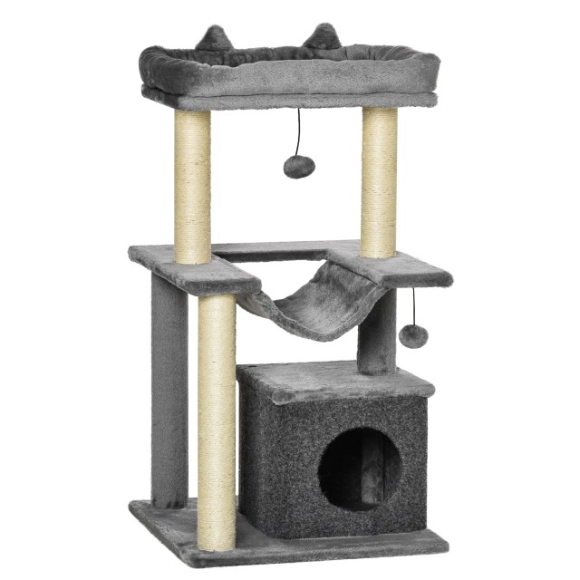 Cat Tree με Σιζάλ Σχοινί ξύσιμο Σπίτι Μαξιλάρι και αιώρα Λούτρινο και τσόχα κάλυμμα Γκρι 48 x 48 x 90 cm PawHut D30-491