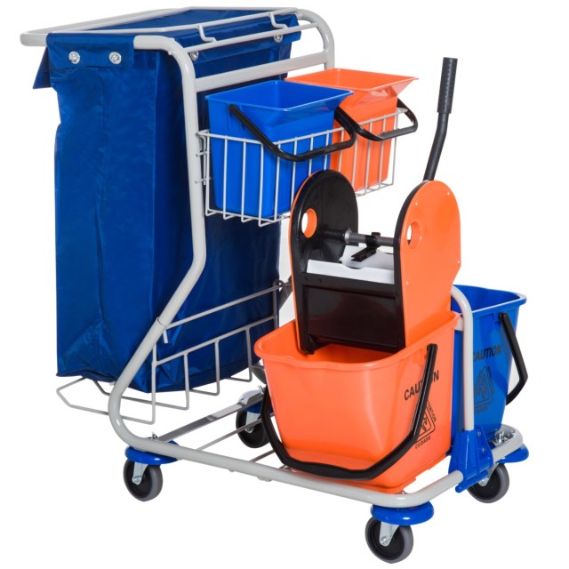 Homcom Professional Cleaning Cart with 4 Buckets 18L / 6L Blue and Orange