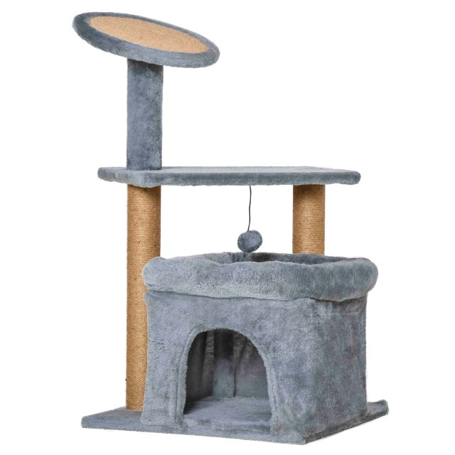 PawHut Cat Scratching Post Tree με κοντάρια από σχοινί γιούτας, σπιτάκι και μαξιλάρι για γάτα, βελούδινο κάλυμμα, ύψος 84 cm - γκρι D30-476