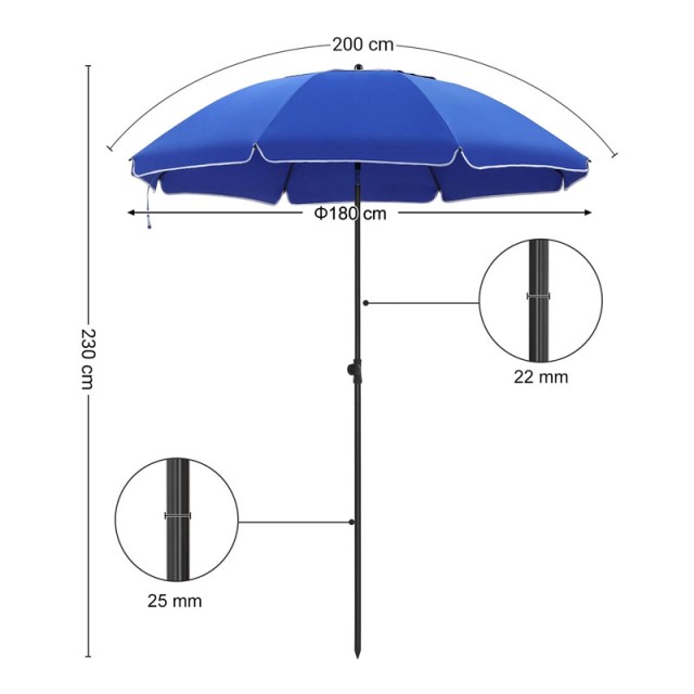 Ομπρέλα Δαπέδου από Ατσάλι με 8 Ακτίνες 2.3 m Χρώματος Μπλε Songmics GPU65BUV1 - 12 άτοκες δόσεις και 5% cash back