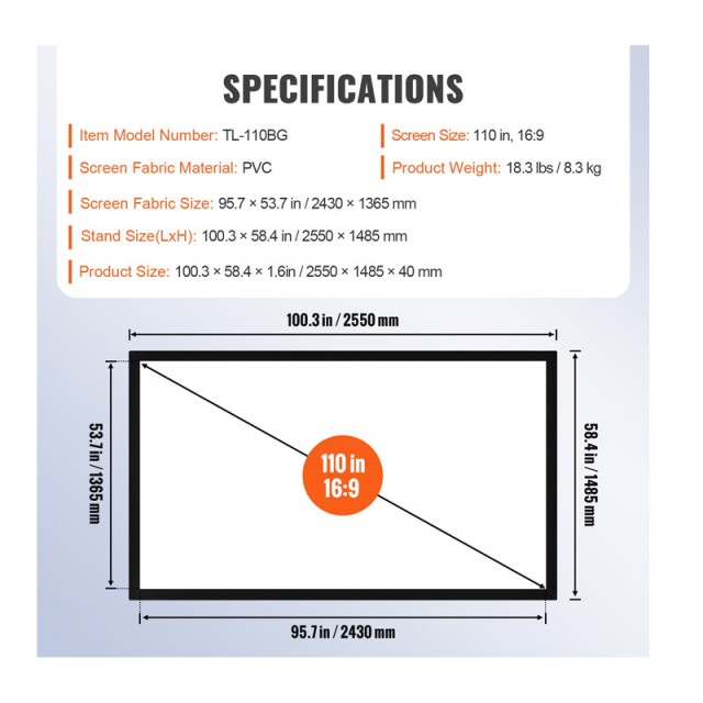 Οθόνη Προβολής Projector για Τοίχο 16:9 HD 4K 110 VEVOR TYPM110YC16-9LHJKV0