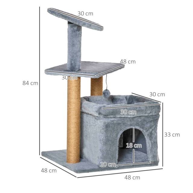 PawHut Cat Scratching Post Tree με κοντάρια από σχοινί γιούτας, σπιτάκι και μαξιλάρι για γάτα, βελούδινο κάλυμμα, ύψος 84 cm - γκρι D30-476