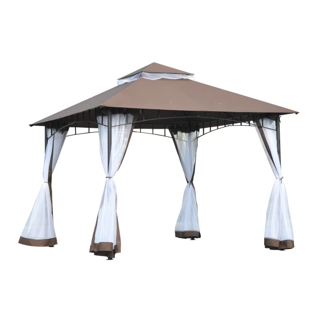 Outsunny Garden Gazebo 3x3m με κουνουπιέρα, πολυεστερική κατασκευή στέγης 2 επιπέδων σε καφέ μέταλλο 84C-010CF