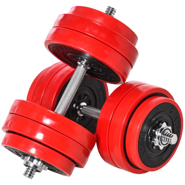 HOMCOM Barbell and Dumbbell Σετ 2 σε 1 Βάρη 30kg, Δίσκοι με πλαστική επίστρωση ανθεκτική στις γρατσουνιές, κόκκινο