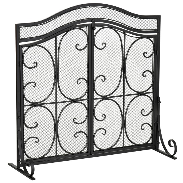 HOMCOM Metal Fire Screen with 2 Doors Clip Close, 88x30x89cm - Μαύρο