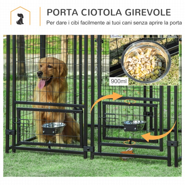 PawHut Outdoor Dog Run με κλειδαριά, 2 περιστρεφόμενα μπολ και αφαιρούμενο κάλυμμα, μαύρο και κόκκινο