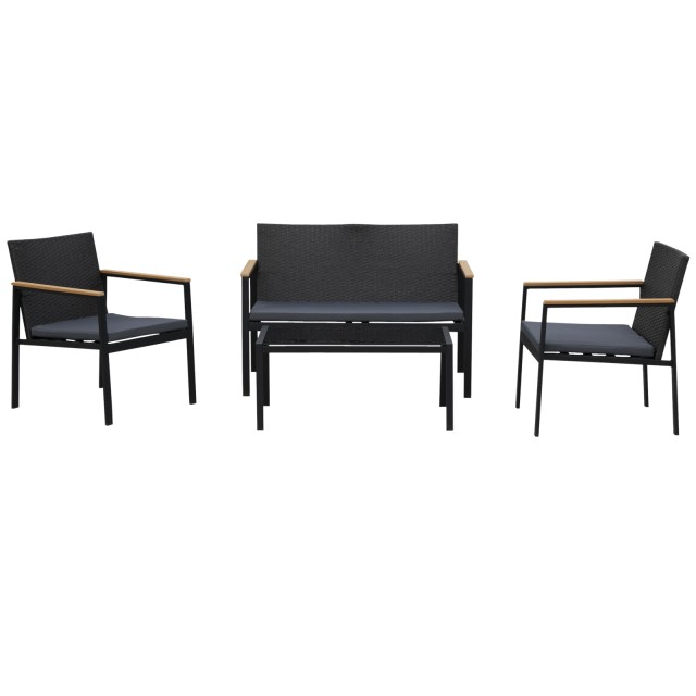 Outsunny Set 4 Pieces Garden Lounge σε PE Rattan με μπράτσα σε μαύρο ξύλο 860-092