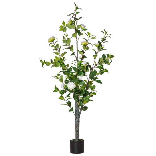 HOMCOM Fake Camellia Tree Plant με γλάστρα και 25 λουλούδια για εσωτερικούς και εξωτερικούς χώρους, Ύψος 150cm - Πράσινο / Λευκό 830-451