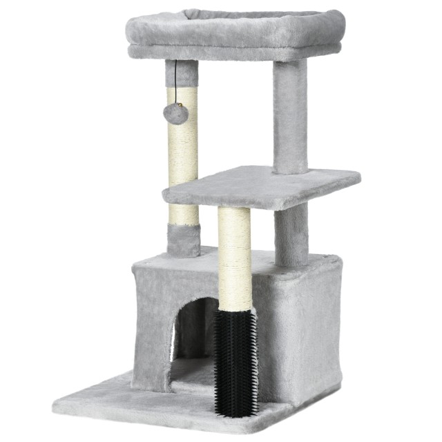 PawHut Multilevel Cat Scratching Tree with Bed and House, Λούτρινο Κάλυμμα, Γκρι