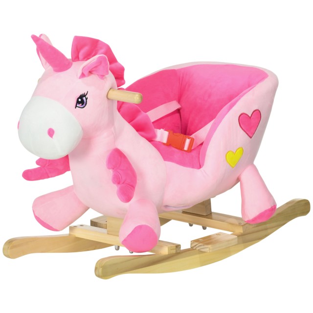 HOMCOM Unicorn Rocking Horse με 32 τραγούδια, ξύλινη βάση και ζώνη ασφαλείας, ηλικία 18-36 μηνών, ροζ 330-161V00PK