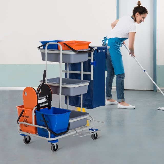 Homcom Professional Cleaning Cart with 4 Bucket Wheels Canvas Bag, Grey 720-006