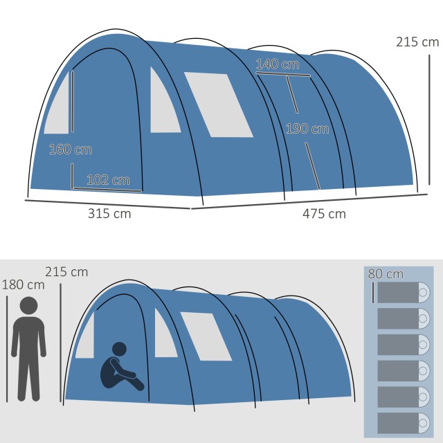 Σκηνή Camping Outsunny 5-6 ατόμων με 2 πόρτες, παράθυρα και τσέπες αποθήκευσης, 475x315x215 cm, μπλε A20-304V00BU