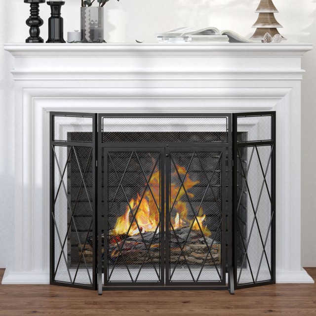 HOMCOM Metal Fire Screen με 3 Πτυσσόμενα Πάνελ και 2 Πόρτες, 120x11,5x79cm - Μαύρο 820-241