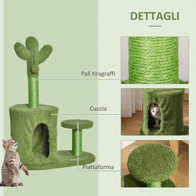 PawHut Cat Scratching Post Tree Έως 4,5 κιλά σε σχήμα Κάκτου με μπάλες και κρεβάτι, 60x35x78cm - Πράσινο