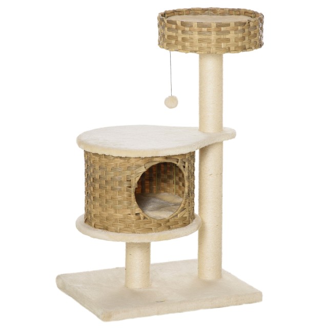 PawHut Scratching Post Tree για ενήλικες γάτες και γατάκια από ρείθρο 95 cm και σπίτι για γάτες σε Rattan και Πολωνούς στο Sisal D30-484