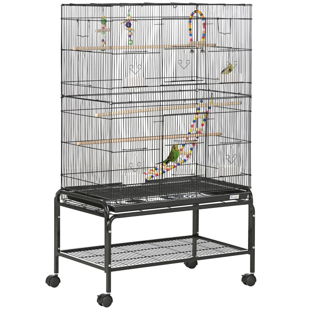 PawHut Steel Bird Cage with Perches, Toys, Food Contains and Tray, 79x49x133 cm, Μαύρο D10-090V00BK