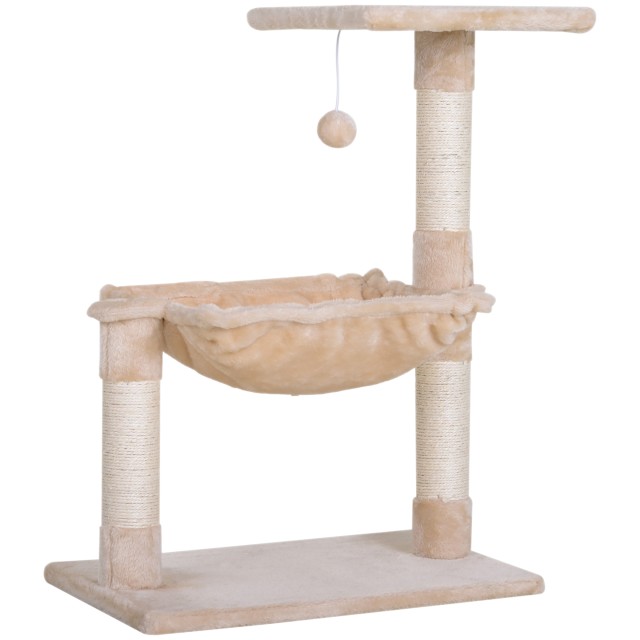 PawHut Tower for Cats max 3,6kg με αιώρα και κρεμαστή μπάλα, σε ξύλο και βελούδινο, 50x36x70 cm, μπεζ D30-215