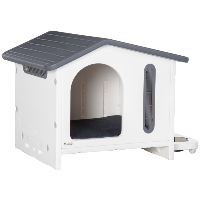 PawHut Raised Dog House με δίσκο για 2 μπολ, παράθυρα και αφρώδες μαξιλάρι, 70x64x56cm, γκρι και λευκό D04-243V00WT