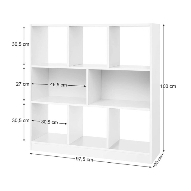 Ξύλινη Βιβλιοθήκη με 8 Ράφια 97.5 x 30 x 100 cm Χρώματος Λευκό VASAGLE LBC52WT - 12 άτοκες δόσεις και 5% cash back