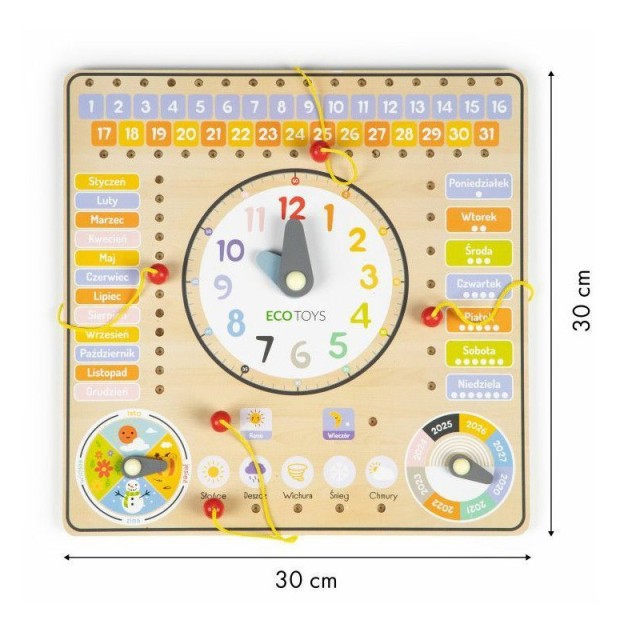Ξύλινος Εκπαιδευτικός Παιδικός Πίνακας Ρολόι με Δραστηριότητες Ecotoys ESC-W-036