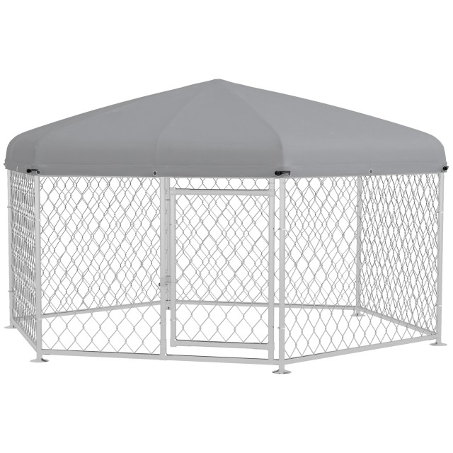 PawHut Large Dog Run με υφασμάτινη οροφή Oxford Proof UV, 2,1x1,85x1,5m, ασημί και γκρι