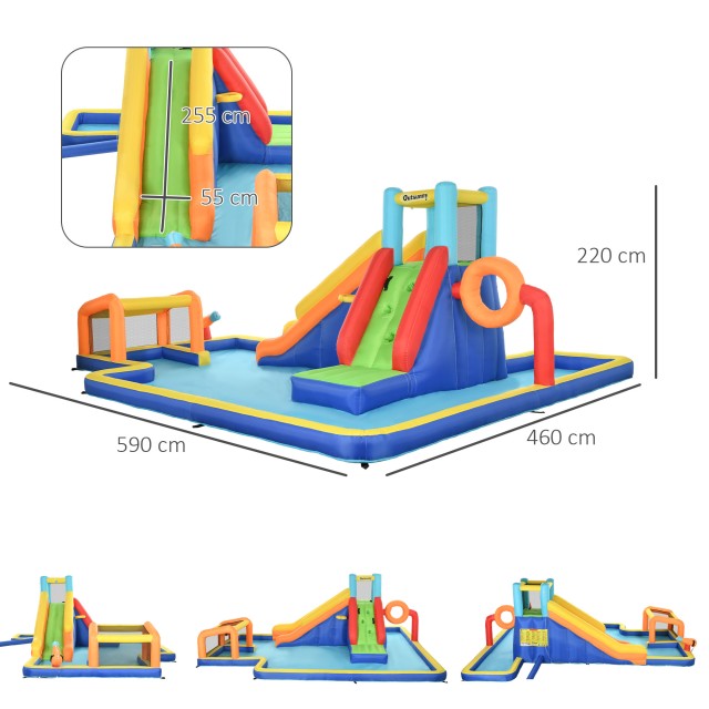 Bouncy Castle για παιδιά 3-8 ετών με τσουλήθρα, τοίχο, πόρτα και καλάθι, από ύφασμα Oxford, 590x460x220 cm 346-007V90MX