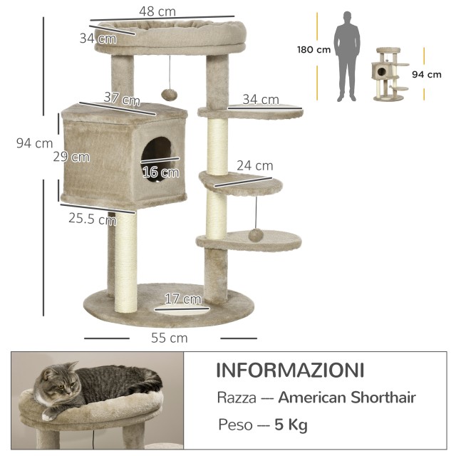 PawHut Cat Tree with Sisal Posts, Κρεβάτι, Σπίτι και Πλατφόρμες, 55x55x94cm, Καφέ