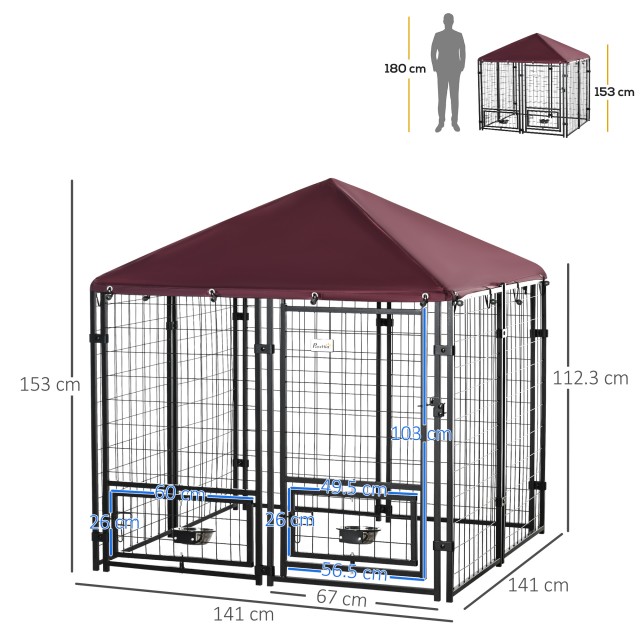 PawHut Outdoor Dog Run με κλειδαριά, 2 περιστρεφόμενα μπολ και αφαιρούμενο κάλυμμα, μαύρο και κόκκινο