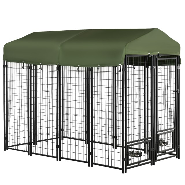 PawHut Steel Dog Kennel για εσωτερική και εξωτερική χρήση με υφασμάτινο κουβούκλιο Oxford και 2 μπολ, 244x122x183 cm D02-093GN