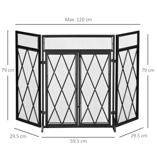 HOMCOM Metal Fire Screen με 3 Πτυσσόμενα Πάνελ και 2 Πόρτες, 120x11,5x79cm - Μαύρο 820-241